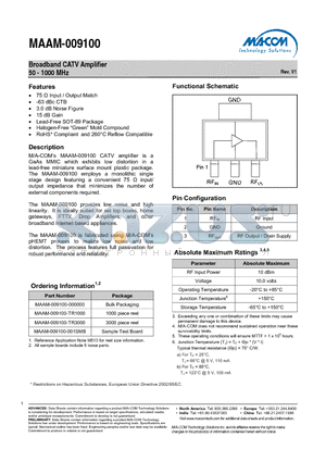 MAAM-009100-TR3000 datasheet - Broadband CATV Amplifier 50 - 1000 MHz