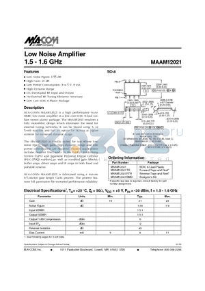 MAAM12021 datasheet - Low Noise Amplifier 1.5 - 1.6 GHz