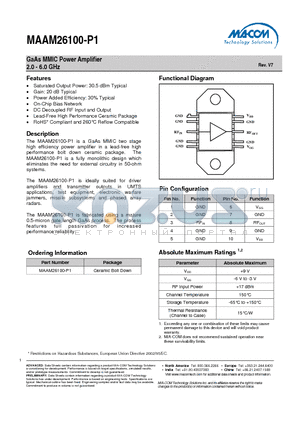 MAAM26100-P1 datasheet - GaAs MMIC Power Amplifier 2.0 - 6.0 GHz