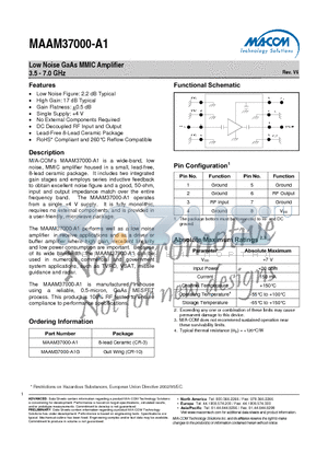 MAAM37000-A1G datasheet - Low Noise GaAs MMIC Amplifier 3.5 - 7.0 GHz