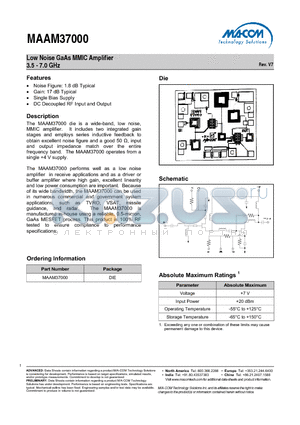 MAAM37000 datasheet - Low Noise GaAs MMIC Amplifier