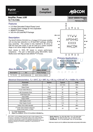 MAAP-000044-PKG003 datasheet - Amplifier, Power, 0.5W 12.7-15.4 GHz