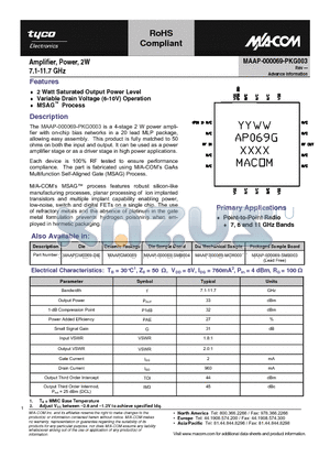 MAAP-000069-MCH000 datasheet - Amplifier, Power, 2W 7.1-11.7 GHz
