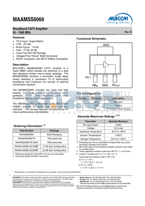 MAAMSS0060TR datasheet - Broadband CATV Amplifier 50 - 1000 MHz