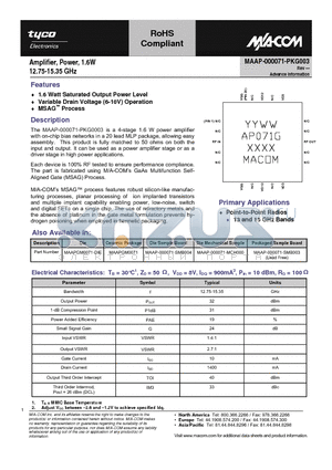 MAAP-000071-MCH000 datasheet - Amplifier, Power, 1.6W 12.75-15.35 GHz