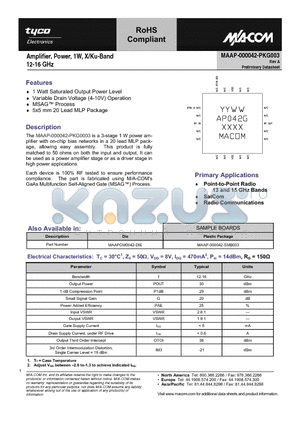 MAAP-000042-PKG003 datasheet - Amplifier, Power, 1W, X/Ku-Band 12-16 GHz