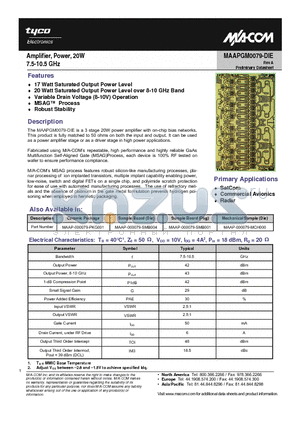 MAAP-000079-MCH000 datasheet - Amplifier, Power, 20W 7.5-10.5 GHz