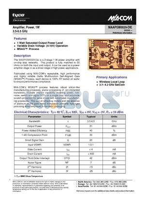 MAAPGM0029-DIE datasheet - Amplifier, Power, 1W 3.5-6.5 GHz