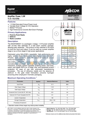 MAAPGM0041 datasheet - Amplifier, Power, 1.3W 11.5 - 15.0 GHz
