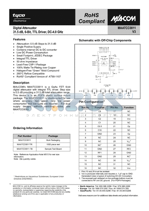 MAATCC0011-TB datasheet - Digital Attenuator 31.5dB, 6-Bit, TTL Driver, DC-4.0 GHz