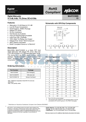 MAATCC0009 datasheet - Digital Attenuator 31.5dB, 6-Bit, TTL Driver, DC-4.0 GHz