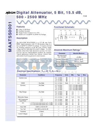 MAATSS0001TR datasheet - Digital Attenuator, 5 Bit, 15.5 dB, 500 - 2500 MHz