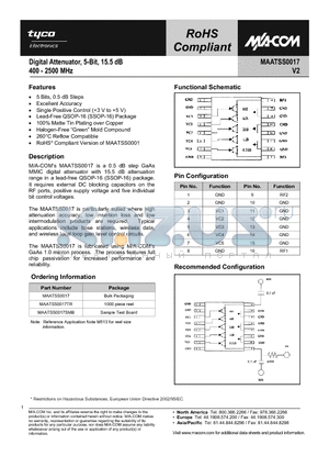 MAATSS0017SMB datasheet - Digital Attenuator, 5-Bit, 15.5 dB 400 - 2500 MHz