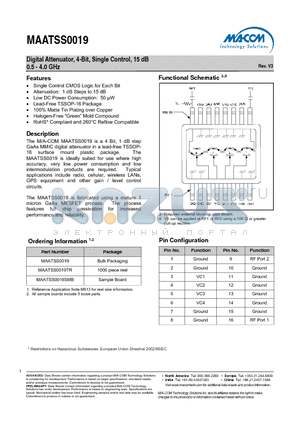 MAATSS0019SMB datasheet - Digital Attenuator, 4-Bit, Single Control, 15 dB 0.5 - 4.0 GHz