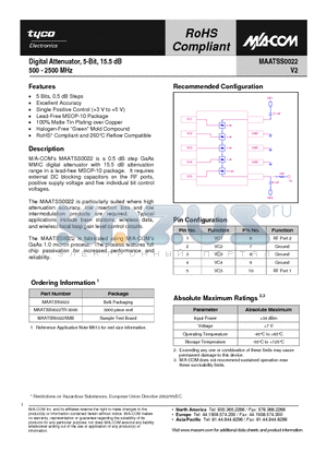 MAATSS0022SMB datasheet - Digital Attenuator, 5-Bit, 15.5 dB 500 - 2500 MHz