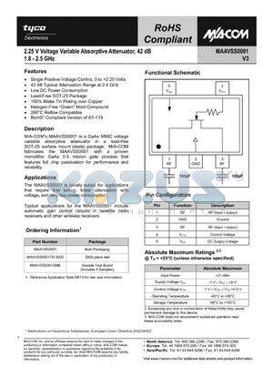 MAAVSS0001 datasheet - 2.25 V Voltage Variable Absorptive Attenuator, 42 dB 1.8 - 2.5 GHz