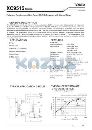 XC9515AA10ZR datasheet - 2 channel Synchronous Step-Down DC/DC Converter with Manual Reset