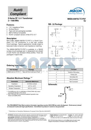MABA-008752-TC1P57 datasheet - E-Series RF 1.5:1 Transformer 2 - 1000 MHz