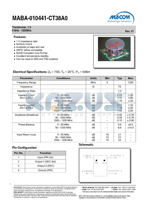 MABA-010441-CT38A0 datasheet - Transformer, 1:3