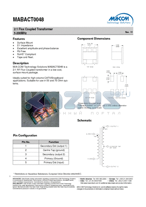 MABACT0048 datasheet - 2:1 Flux Coupled Transformer