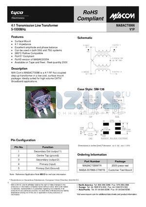 MABACT0066TR datasheet - 4:1 Transmission Line Transformer 5-1000MHz