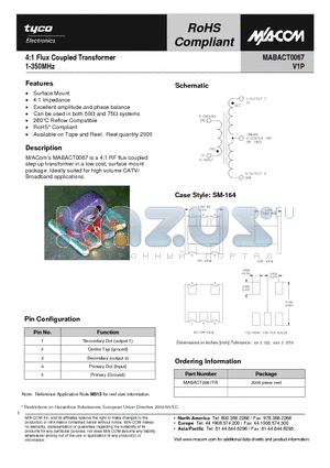 MABACT0067TR datasheet - 4:1 Flux Coupled Transformer 1-350MHz