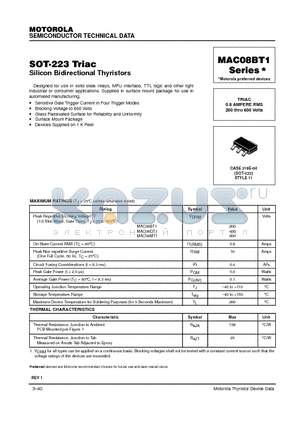 MAC08BT1 datasheet - TRIAC 0.8 AMPERE RMS 200 thru 600 Volts