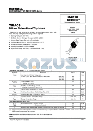 MAC16 datasheet - TRIACS 15 AMPERES RMS 400 thru 800 VOLTS