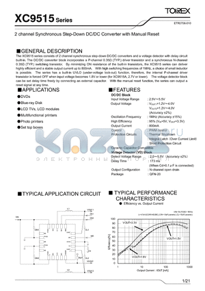 XC9515BC01ZR-G datasheet - 2 channel Synchronous Step-Down DC/DC Converter with Manual Reset