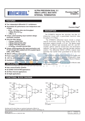 SY58027UMG datasheet - ULTRA PRECISION DUAL 2:1 400mV LVPECL MUX WITH INTERNAL TERMINATION