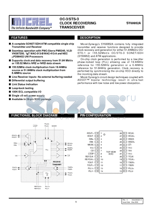 SY69952A datasheet - OC-3/STS-3 CLOCK RECOVERING TRANSCEIVER