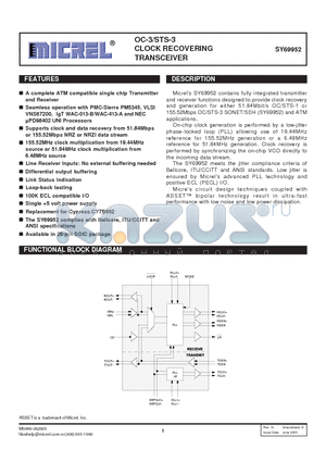 SY69952ZH datasheet - OC-3/STS-3 CLOCK RECOVERING TRANSCEIVER