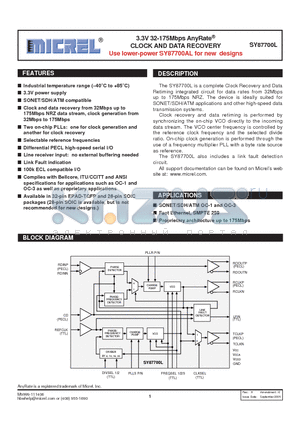 SY87700LHI datasheet - 3.3V 32-175Mbps AnyRate CLOCK AND DATA RECOVERY Use lower-power SY87700AL for new designs