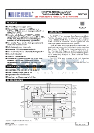 SY87701VHC datasheet - 5V/3.3V 32-1250Mbps AnyRate CLOCK AND DATA RECOVERY