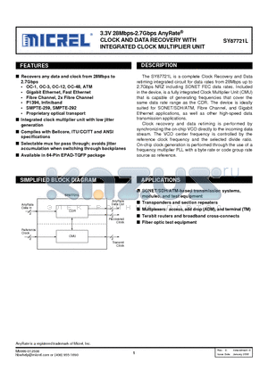 SY87721LHYTR datasheet - CLOCK AND DATA RECOVERY WITH INTEGRATED CLOCK MULTIPLIER UNIT