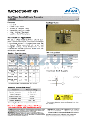 MACS-007801-0M1R1V datasheet - Mono Voltage Controlled Doppler Transceiver 24.125 GHz