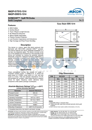 MADP-017015-13140P datasheet - SURMOUNT 15lM PIN Diodes RoHS Compliant