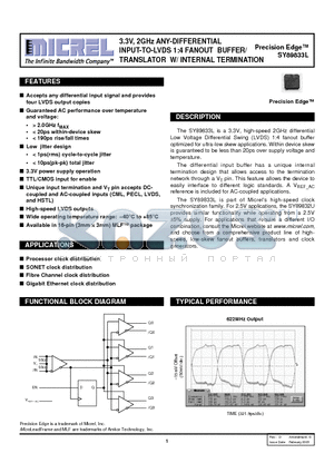 SY89833L datasheet - 3.3V, 2GHz ANY-DIFFERENTIAL INPUT-TO-LVDS 1:4 FANOUT BUFFER/TRANSLATOR W/ INTERNAL TERMINATION