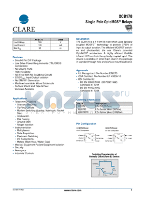 XCB170 datasheet - Single Pole OptoMOS Relays