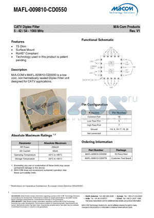 MAFL-009810-CD0550 datasheet - CATV Diplex Filter 5 - 42 / 54 - 1000 MHz