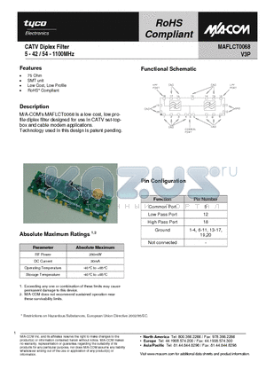 MAFLCT0068 datasheet - CATV Diplex Filter 5 - 42 / 54 - 1100MHz