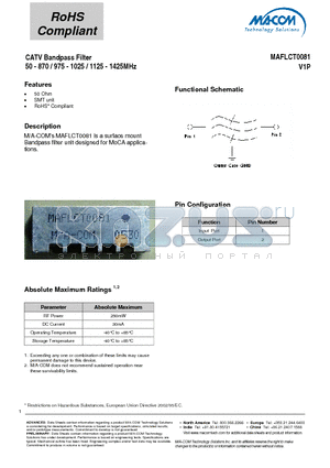 MAFLCT0081 datasheet - CATV Bandpass Filter 50 - 870 / 975 - 1025 / 1125 - 1425MHz