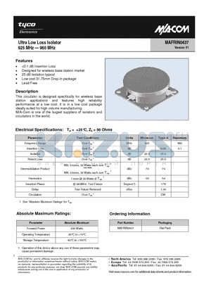 MAFRIN0437 datasheet - Ultra Low Loss Isolator 925 MHz - 960 MHz