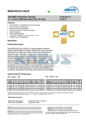 MAGX-003135-SB5PPR datasheet - GaN HEMT Pulsed Power Transistor 3.1 - 3.5 GHz, 120W Peak, 300us Pulse, 10% Duty