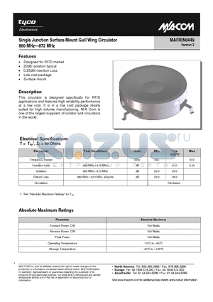 MAFRIN0449 datasheet - Single Junction Surface Mount Gull Wing Circulator 860 MHz-872 MHz