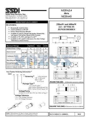 SZ25A33 datasheet - 250mW and 400mW 2.4 - 43 VOLTS ZENER DIODES