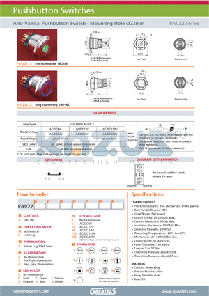 PAV22SMS1D0 datasheet - Anti-Vandal Pushbutton Switch - Mounting Hole 22mm