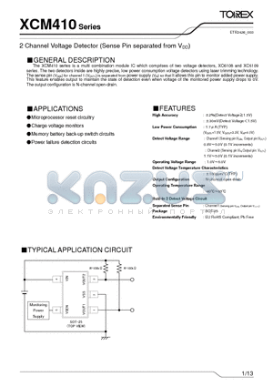 XCM410AA01MR datasheet - 2 Channel Voltage Detector (Sense Pin separated from VDD)