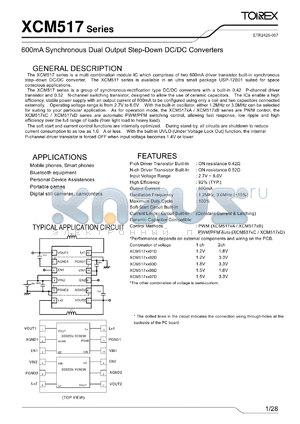 XCM517AA02DR datasheet - 600mA Synchronous Dual Output Step-Down DC/DC Converters