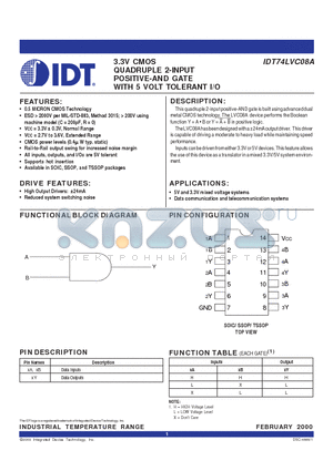 IDT74LVC08APY datasheet - 3.3V CMOS QUADRUPLE 2-INPUT POSITIVE-AND GATE WITH 5 VOLT TOLERANT I/O